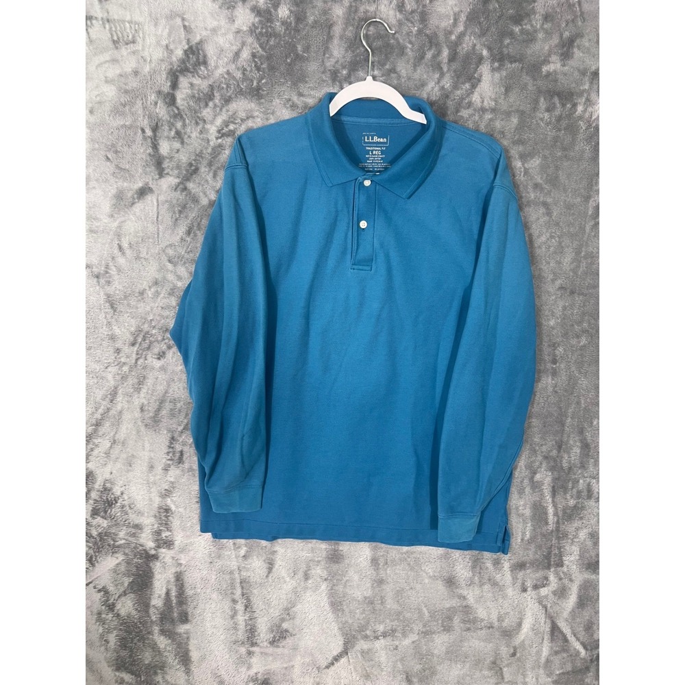 LL Bean Mens Long Sleeve Polo Shirt Blue Teal Cotton Pique Traditional Fit L REG